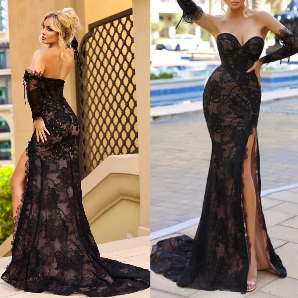 Portia And Scarlett - PS24108 Black/nude lace formal gown with removable sleeves